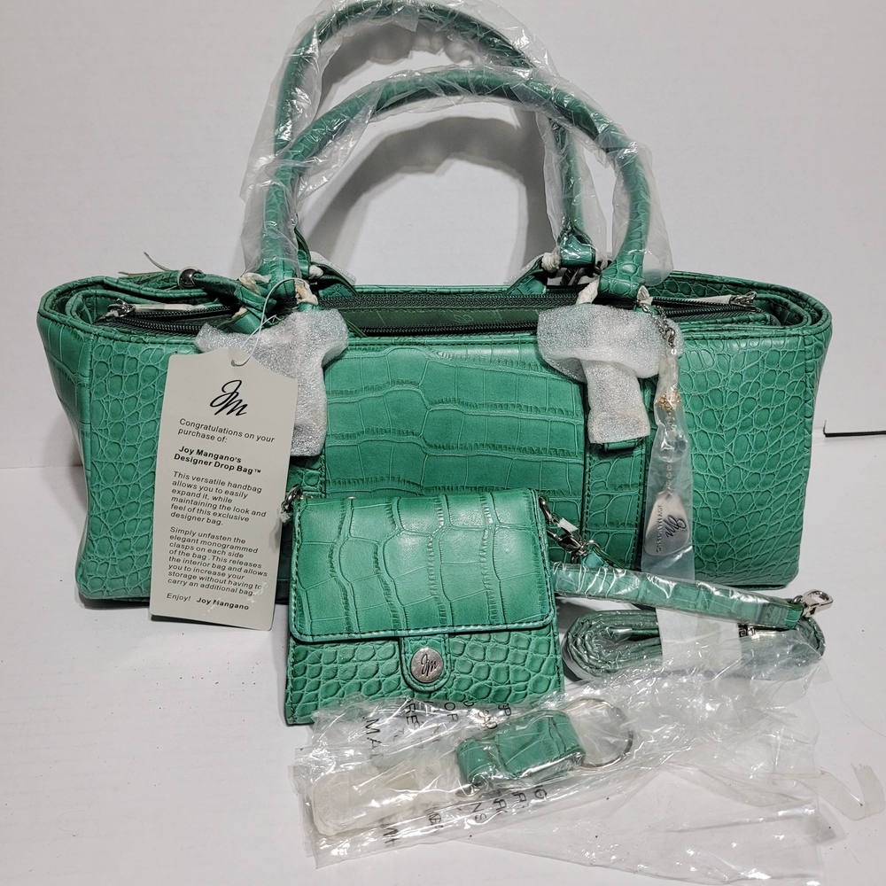 Green Croc-Embossed Satchel Handbag with Wallet Keychain And Strap